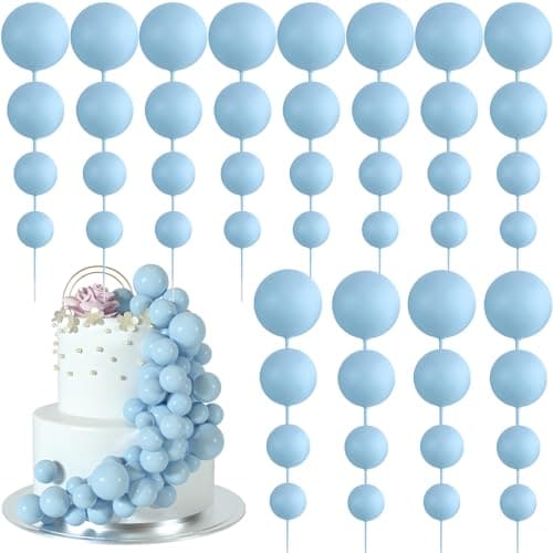 BOUBONI 48 Pcs Balls Cake Topper Decorations Balloon Cupcake Toppers Foam Cake Topper Balls Cake Balls Decorations for Birthday Party Wedding Anniversary Cake Decorating Light Blue