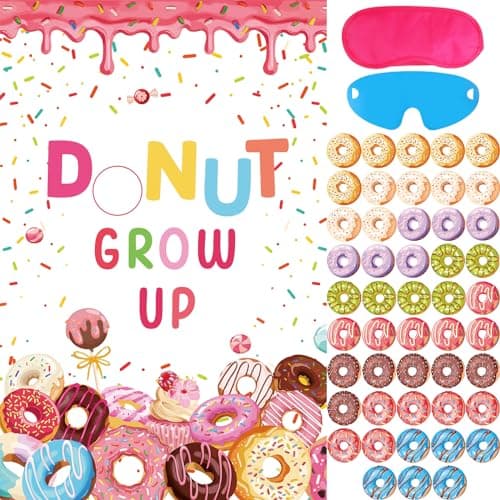 Hxezoc Donut Grow Up Party Game with 48 Donut Stickers Large Poster for KidsGirls Birthday Party