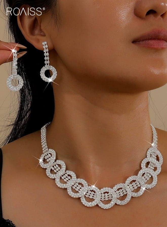 Bridal Wedding Jewelry Sets, O Shaped Rhinestone Necklace Earrings Set, Formal Costume Jewelry for Women and Brides