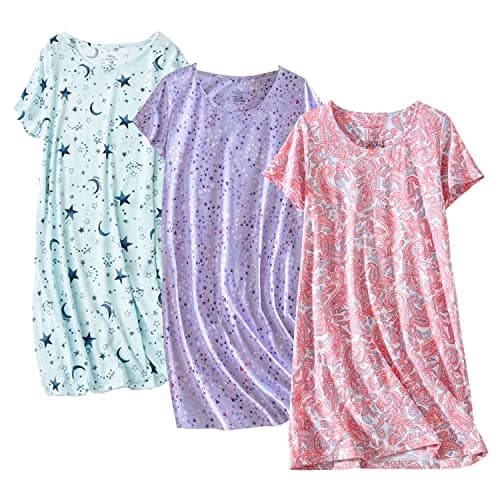 PNAEONG 3 Pack Women's Cotton Nightgown Sleepwear Short Sleeves Shirt Casual Print Sleepdress SY003-Paisley+Purple+Star-L
