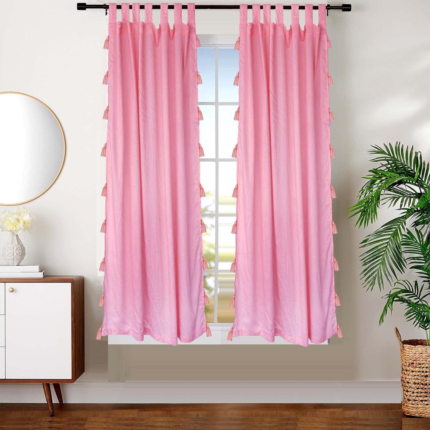 Dekor World 2 Piece Cotton Pink Sheer Summer Fun Tassel Tab Top Curtain Set-110x150cm (4x5 Feet) Window Curtain-for Bedroom and Living Room