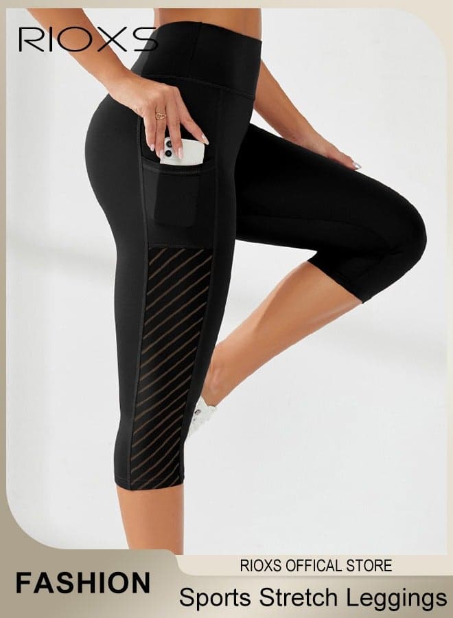 Women's High Waisted Yoga Pants,Stretch Capri Leggings With Side Pockets,Workout Tummy Control Leggings For Sports Gym Yoga Tights,Skinny Leggings For Women Ladies Running