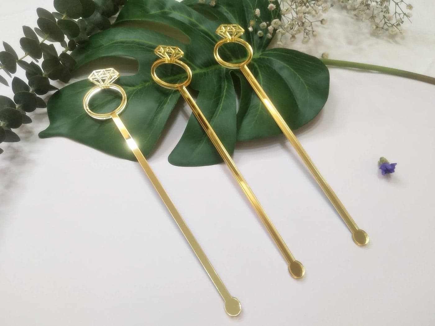 Set of 20 Diamond Ring Cocktail Stirrers Swizzle Stir Stick Stirring Sticks Diamond Ring for Party Festival Dcor Gold Mirror