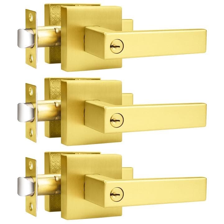Probrico Brushed Gold Keyed Entry Door Handle Square Heavy Duty Satin Brass Entrance Door Lock Levers Reversible Lockset for Exterior and Interior Doors (Different Keys, 3 Pack)