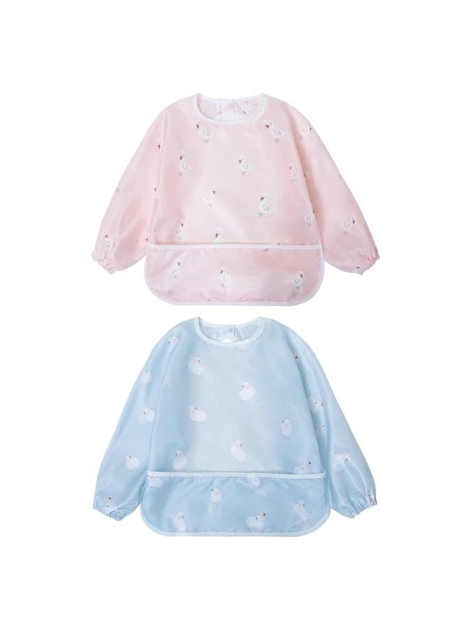 Little Dimsum Mess-Proof Baby Bibs|Infant Toddler Long Sleeve Waterproof Feeding Art Smock|Catching Food & Wipe Clean| Pack of 2 Colors Duck&sheep