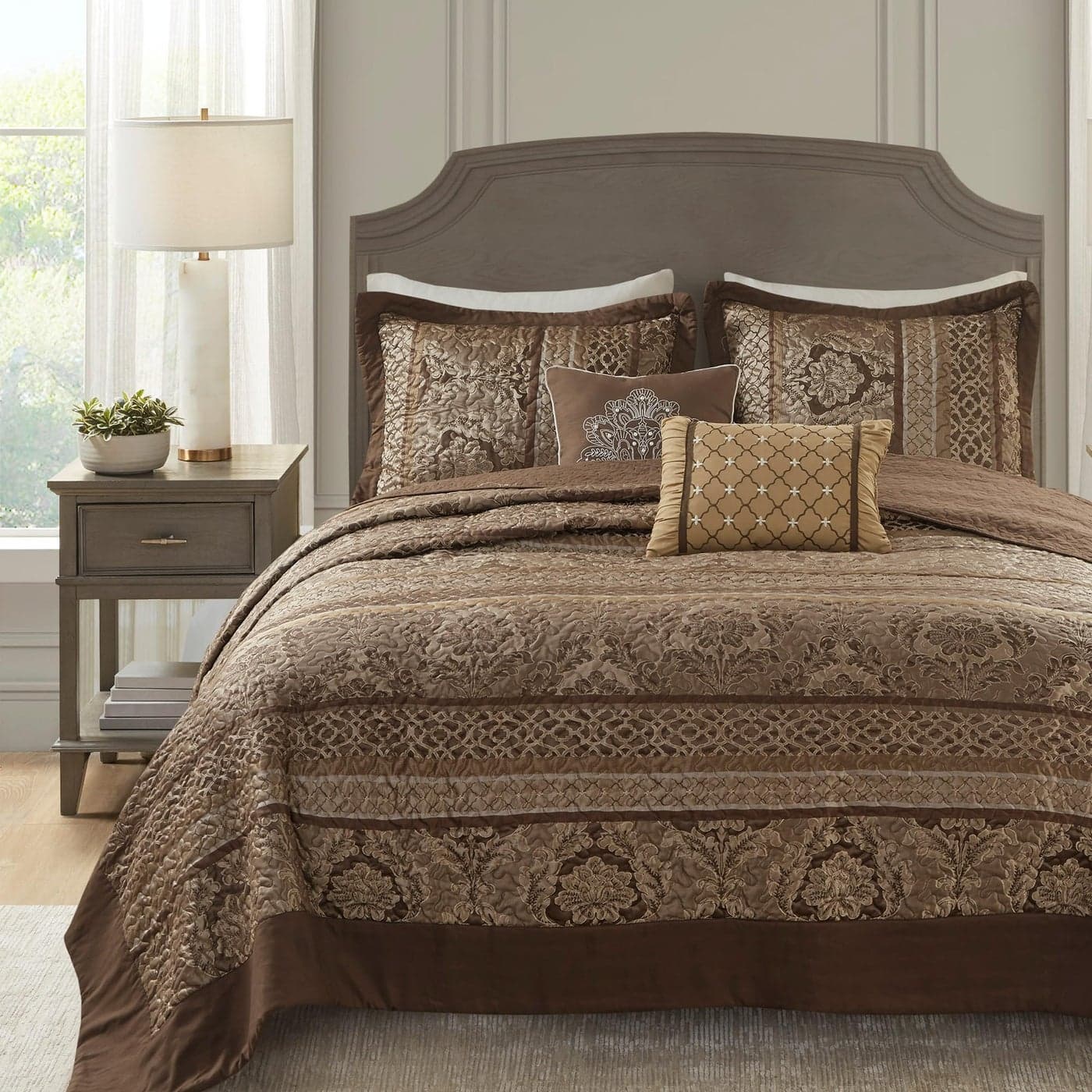 Madison Park Bellagio Reversible Quilted Bedspread Set Solid Reverse Summer Breathable Lightweight All Season Bedding Layer Matching Shams Bedspread King120x118 Brown 5 Piece