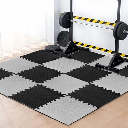eHomeKart Gym Mats for Floor for Home and Living Room, Interlocking Rubber Floor Gym Mat for Workout at Home, Super Absorbent EVA Foam Workout Mat- 60x60cm - 12mm, Black & Grey (4 Tiles - 16Sqft)