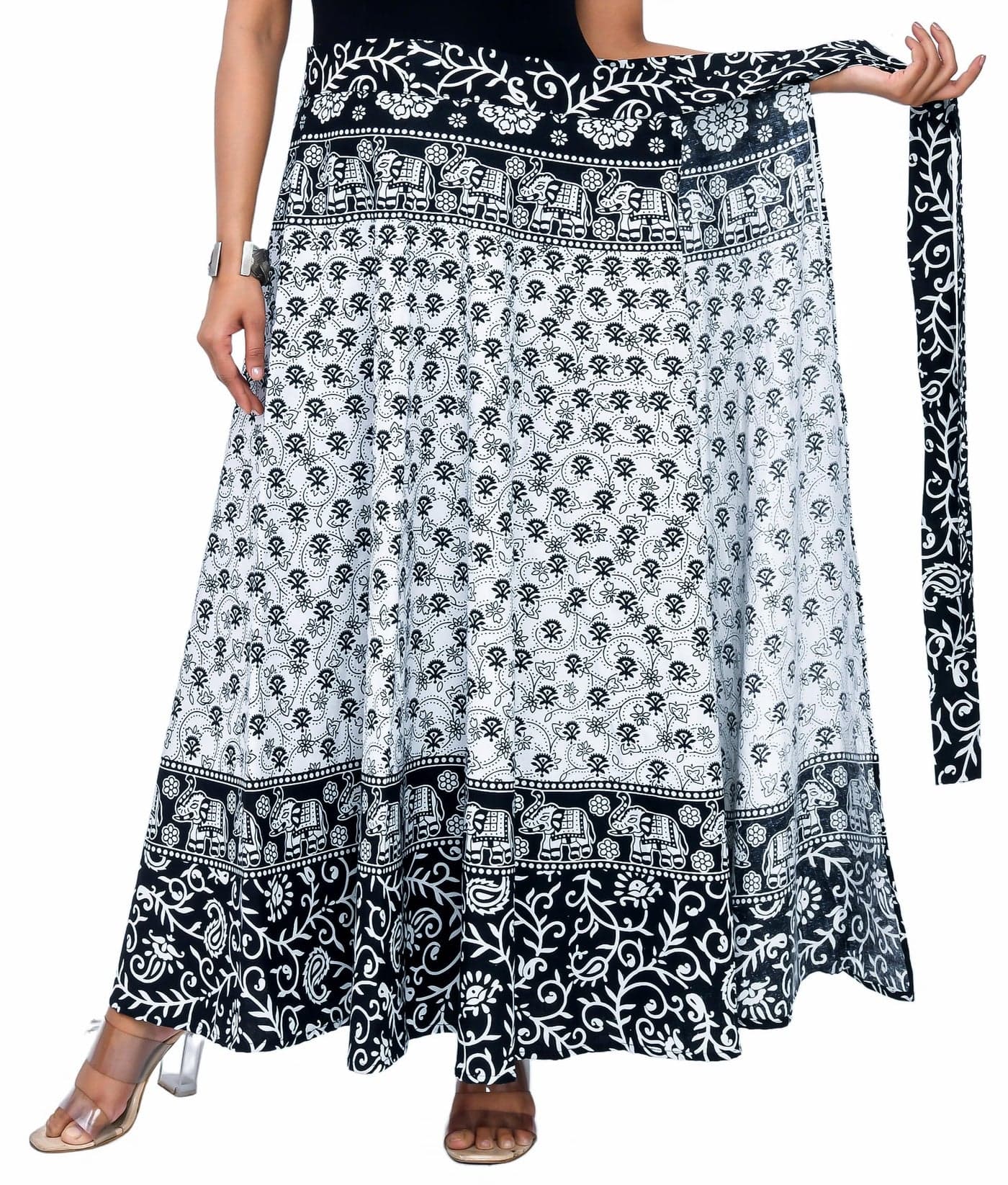 SAMJHI Premium Cotton Wraparound Skirt for Women (Black White, Free Size)