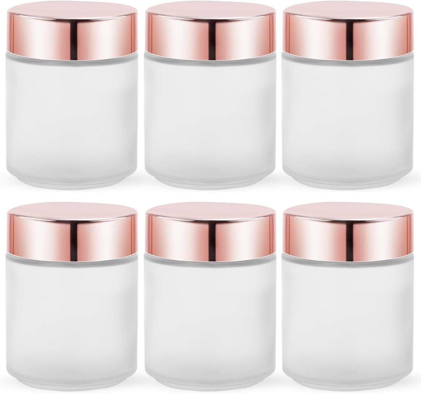 Furnido 6 Pack 8 oz Frosted White Round Glass Jars,Empty Glass Cosmetic Jars with Rose-Golden Lids,Inner Liners for Lotion,Powders,Ointments,Body Butter,Candle Making