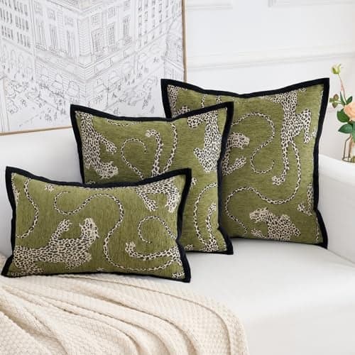 HERAYLI Premium Series Snow Leopard Throw Pillow Covers Animal Jacquard Cushion Cases for Home Decor Chenille Velvet DoubleSided Designs Dark Green 18 x 18 inch Covers Only