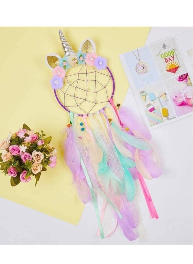Unicorn Dream Catcher Wall Decor Cute Feather Dreamcatcher Wall Hanging for Bedrooms Party Royal Purple Feathers Traditional Crochet Design Feather Tassels Flower