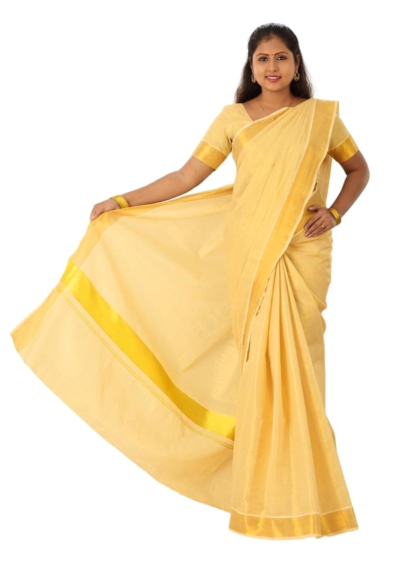 YETTALAN® Women’s Kerala Traditional Tissue Saree with Running Blouse Piece (Gold Tissue)