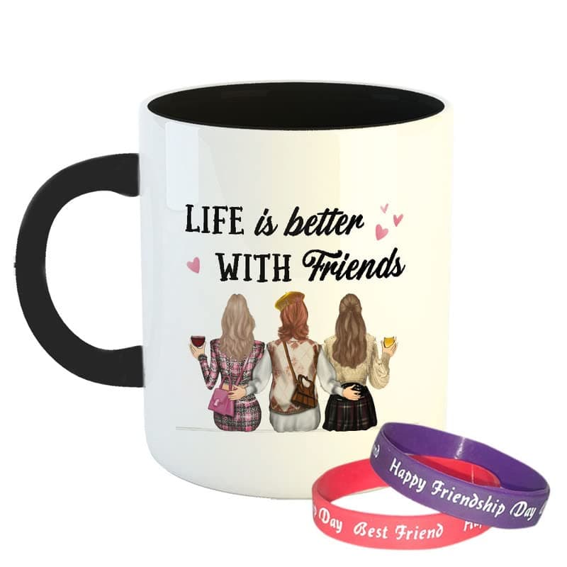 Happu Happy Friendship Day Coffee Mug with 1 Friendship Band Life is Better with Friends 3 Girls Gifts for Friendship Day Friendship Day Gift for MensWomens Gift for Boy 325 ML11Oz5924BK