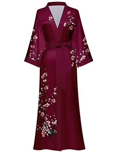 Kihnop Women's Floral Long Kimono Robe Long Satin Robe Long Silk Robe Ladies Kimonos Silky Bathrobe Cover Up, One Size