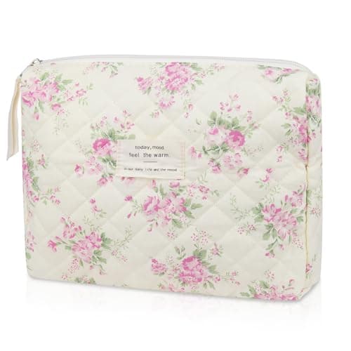 Floral Makeup Bag, Small Cosmetic Bag for Women Girls, Cute Cotton Makeup Bag, Quilted Makeup Bags, Flower Travel Toiletry Organizer Bag(Pink Flower)