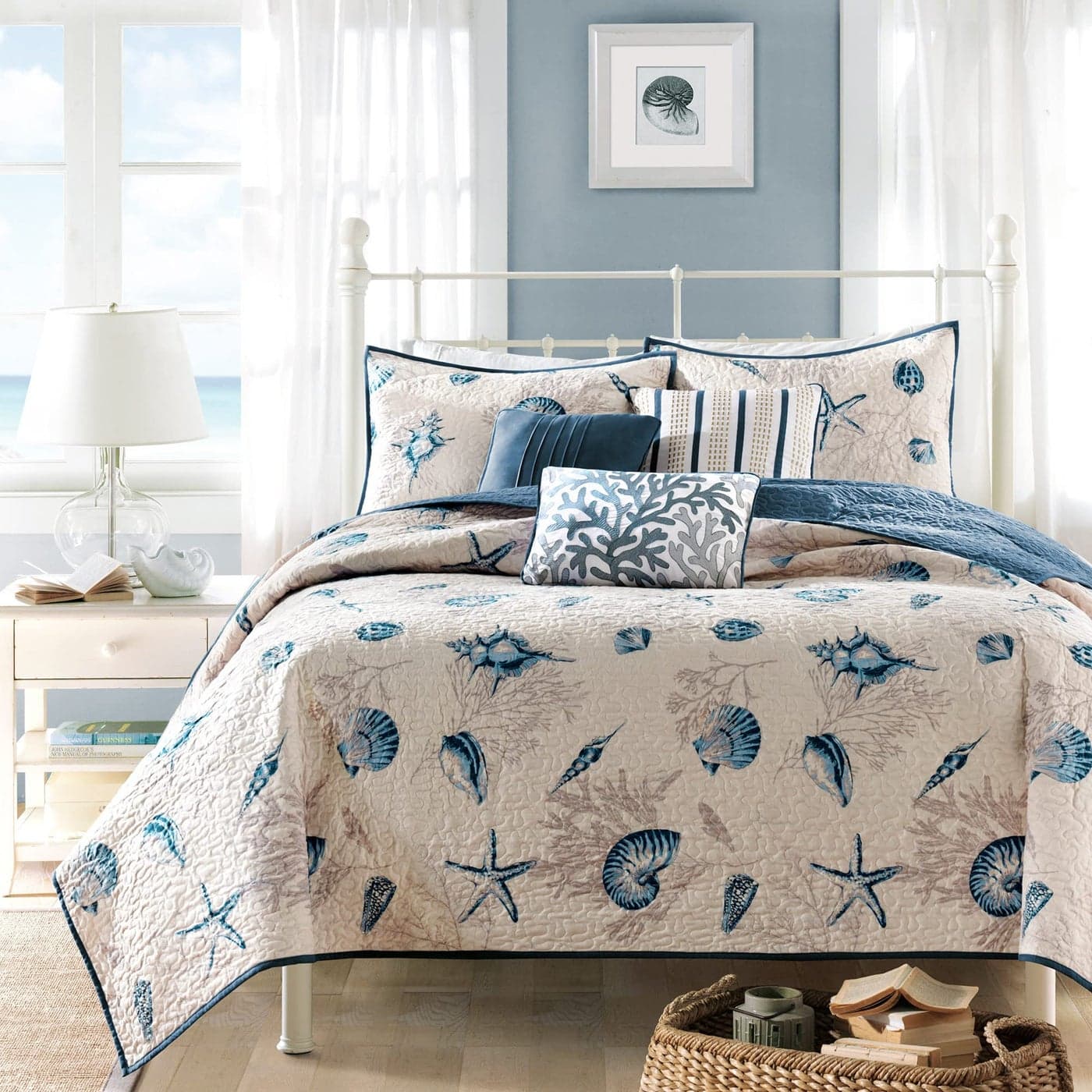 Madison Park Quilt Set Cottage Coastal Design Starfish Print All Season Coverlet Bedspread Lightweight Bedding Layer Shams Toss Pillows KingCal King104x94 Bayside BlueIvory 6 Piece