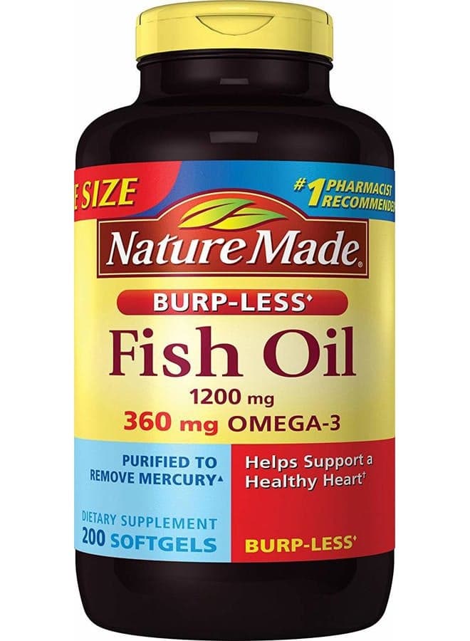 Burp-Less Fish Oil 1200 mg, 200 Softgels, Fish Oil Omega 3 Supplement For Heart Health