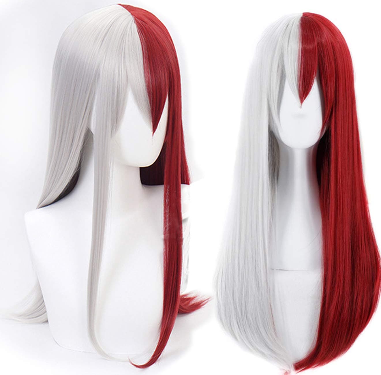 ANOGOL Hair CapSilver Half Red Long Wavy Cosplay Wig With Bangs for Women Anime Costume Cosplay Synthetic Wig for Halloween Costume Party