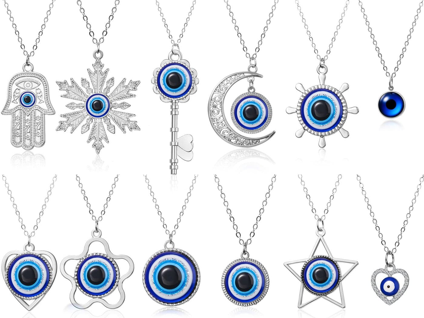 Henoyso 12 Pieces Evil Eye Necklace for Women Men Evil Eye Pendant Ornament Charms Blue Amulet Pendant Necklace Jewelry for Women(Silver)