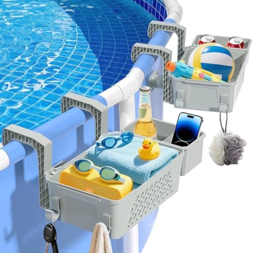 【2025 Upgrade】2-Pack Poolside Storage Basket with Cup Holder, Above Ground Pool Accessories, 3-in-1 Swimming Pool Hanging Storage Baskets to Organize Cups & Towels, Fits 3 Inch or Less Top Rail(Grey)