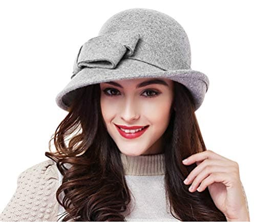 Women Solid Color Winter Hat Wool Cloche Bucket with Bow Accent,Grey, One Size