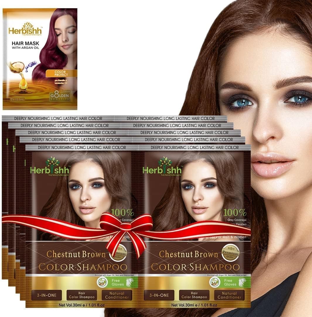 Herbishh Gray Hair Color Shampoo Natural Argan Mask for LongLasting Color in Minutes Travel Size 10 Pack 1 Pack AmmoniaFree Chestnut Brown