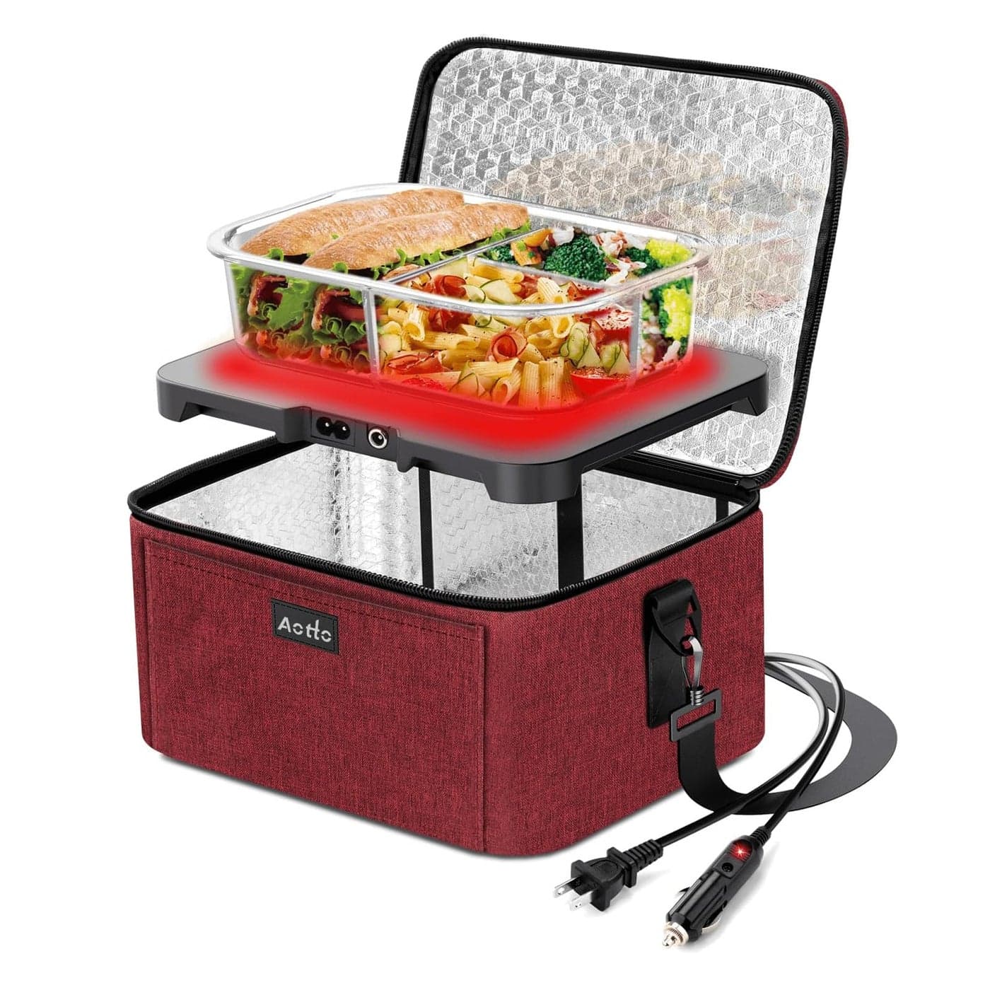 Aotto Portable Oven Electric Lunch Box Food Heater 12V24V110V 3in1 Car Food Warmer Heated Lunch Box for Adults Cook Reheat Keep Meals Warm for Car Truck Travel Work Home Red