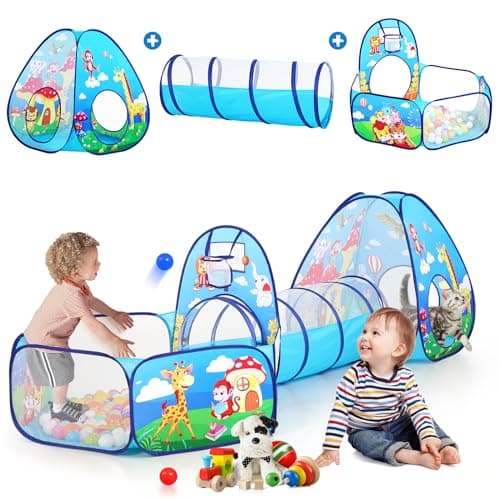 PigPigPen 3 in 1 Kids Play Tent with Tunnel and Ball Pit for Boys Girls Toddler Pop Up Playhouse Toy for Indoor Outdoor Jungle 3pc Play Tent