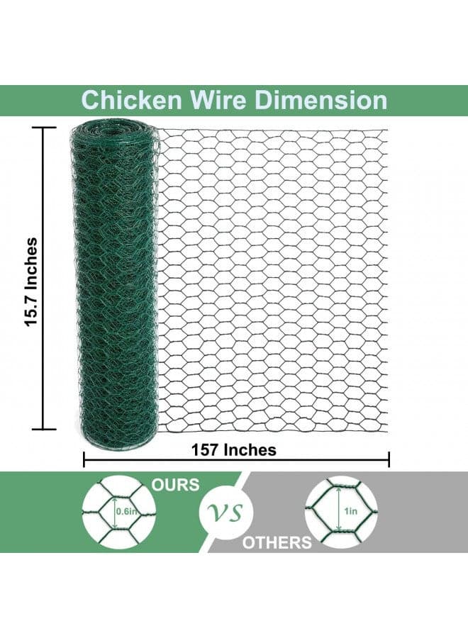 Mklsit Chicken Wire for Floral Arrangements, 15.7 x 157 Inches Green Floral Chicken Wire Mesh, 0.6 Inch Hexagonal Galvanized PVC Coated Chicken Wire Netting Fence for Crafts Poultry Garden