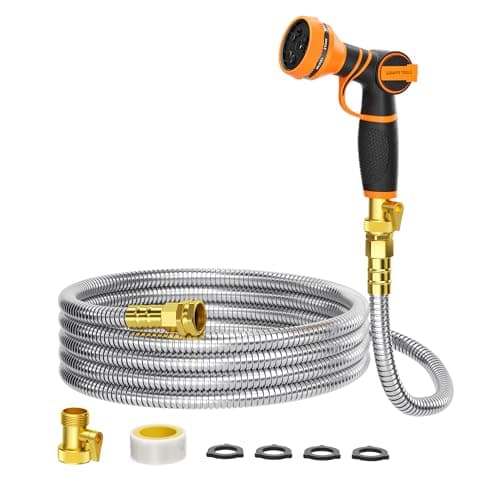 Girafe Tools Garden Hose 25ft x 5/8", 304 Stainless Steel Metal Water Hose, No Kink Garden Water Hose with 9 Pattern Spray Nozzle, Flexible, Lightweight, Kink Free Hose for Yard, Outdoor