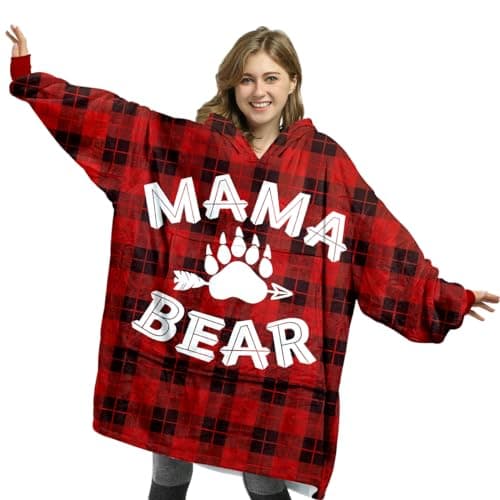 Fastpeace Mama Bear Wearable Blanket Hoodie Buffalo Plaid Hooded Blanket for Mom Mothers Day Birthday Gifts from Daughter Son and Husband Gifts For Wife From Husband Wife Birthday Gift
