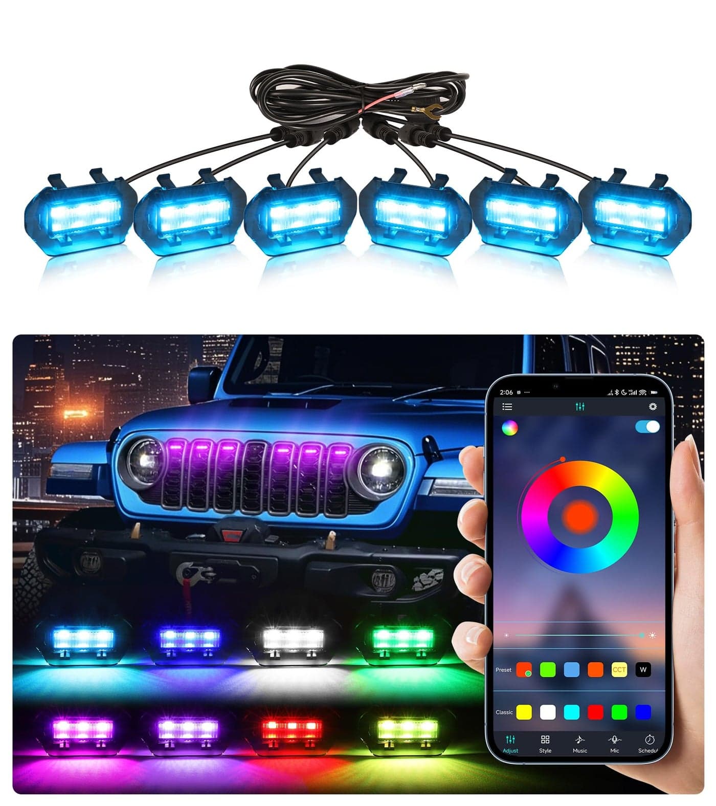Grill Lights for Jeep Wrangler JL JLU Front Bumper Grille LED Running Marker Lamp Accessories (RGB, 2024-2025)