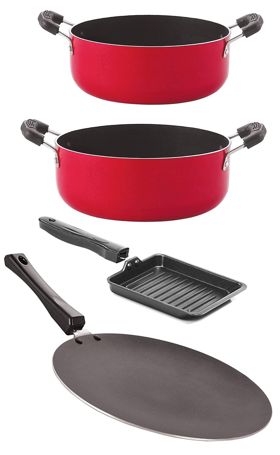 Nirlon Non-Stick Aluminium Cookware Essential Combo Gift 4 Pieces Set with Bakelite Handle (Concave Tawa 28.5cm + Casserole 2.1 LTR + Small Grill Pan - 14cm + Casserole 3.1 LTR) (CT12_CS20_SGP_CS24)