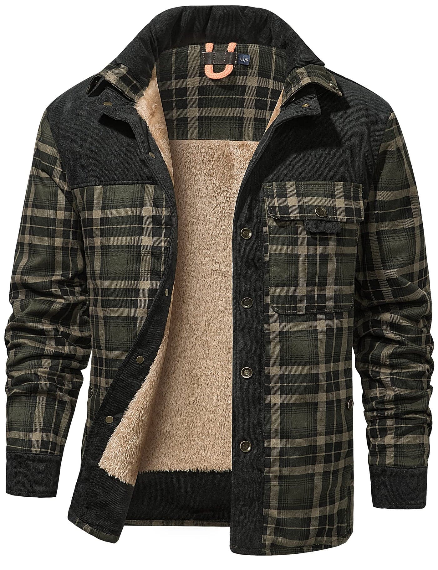 Flygo Mens Flannel Jacket Loose Plaid Sherpa Lined Flannel Shirt Snap Button Warm Winter Jackets PocketsGreenM