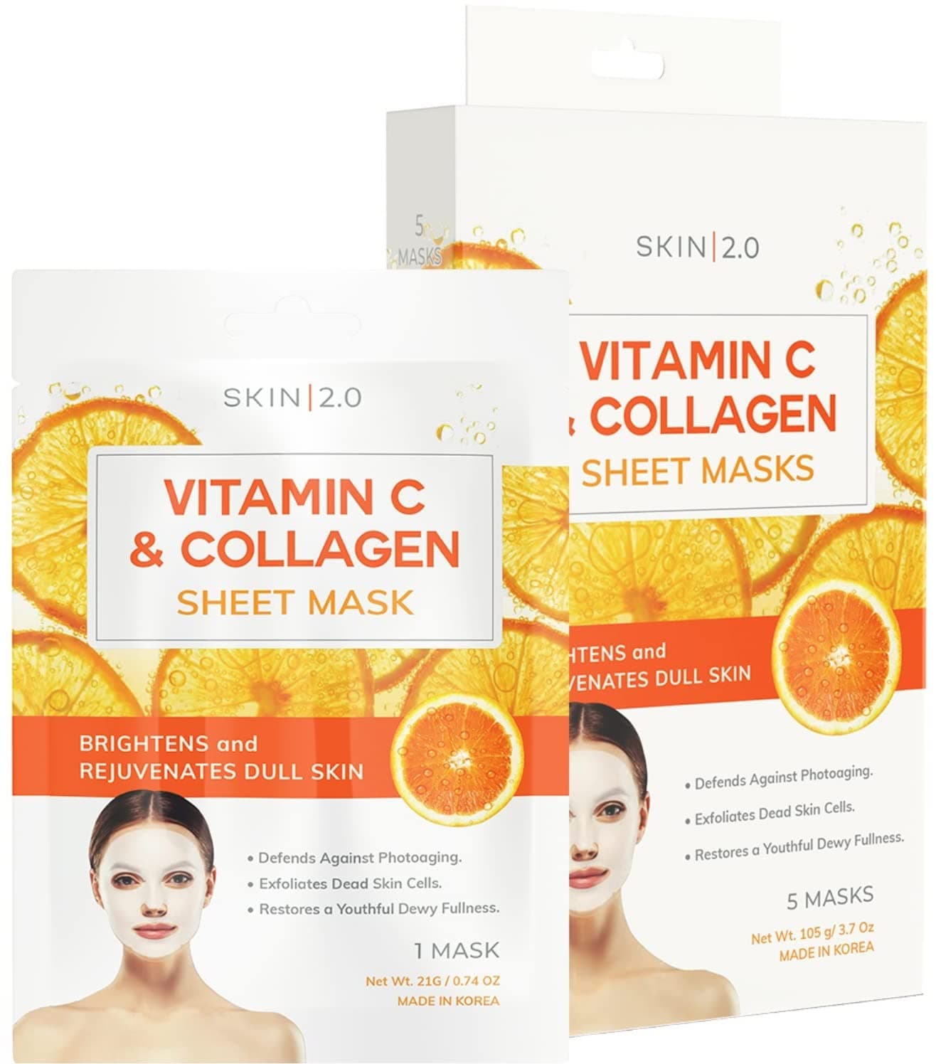 Skin 2.0 Vitamin C & Collagen Sheet Mask - Anti-Aging, Wrinkle & Age Spot Reducer, Hydrating & Moisturizing - Dermatologist Tested Korean Skincare, Clean Beauty, Cruelty-Free, All Skin Types - 5 Masks