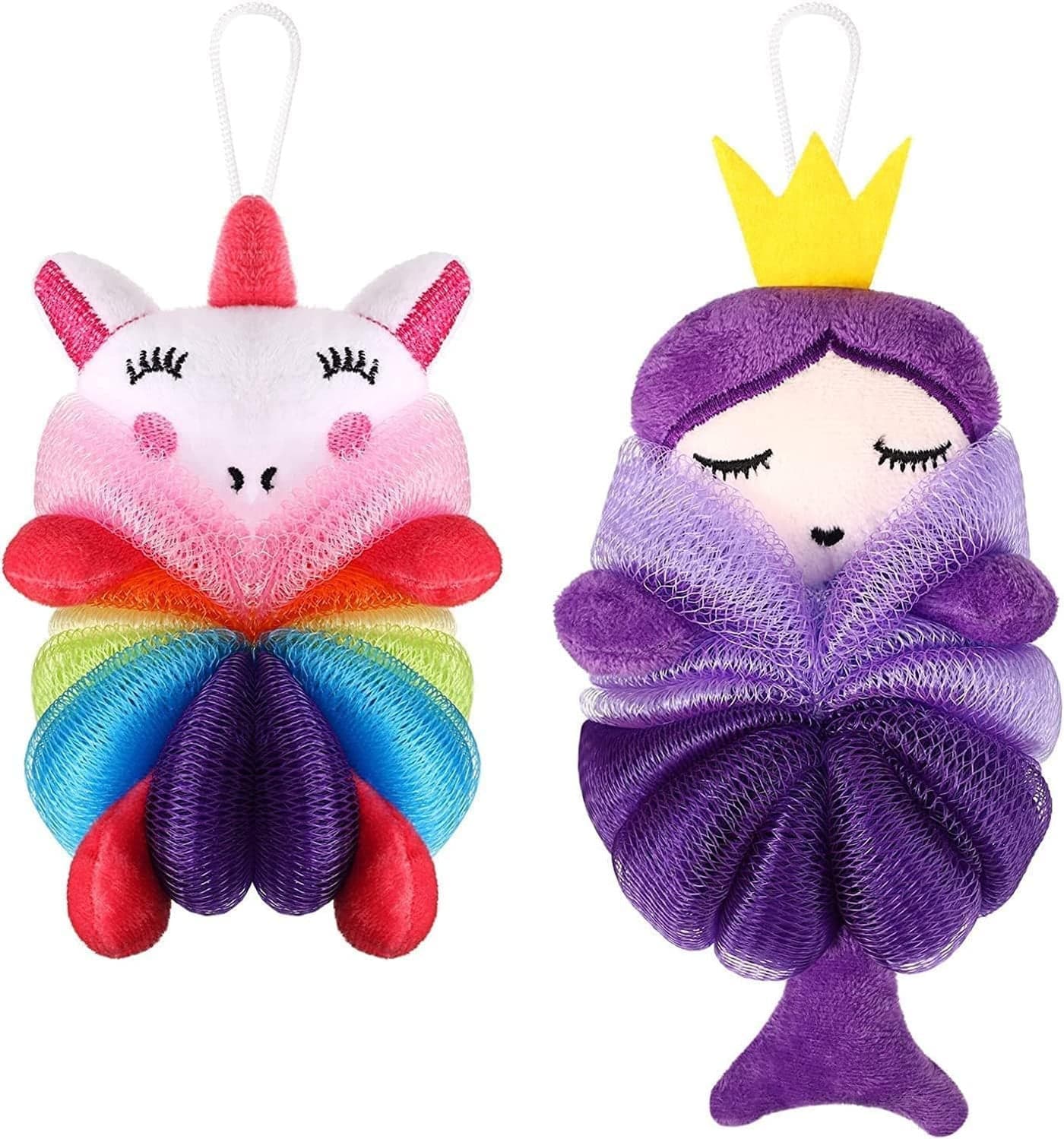 2 Pcs Bath Loofahs, Kids Toddler Body Loofahs, Cute Cartoon Kids Loofah, Kid Bath Sponges, Loofah Bath Pouf Body Scrubber, Washable and Reusable, for Children Shower Washing Exfoliating