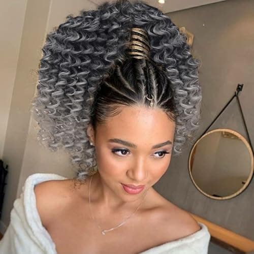 YXCHERISHAIR Ponytail ExtensionCurly Wavy Ponytail Ombre Grey Drawstring Ponytail Hair Extensions for Women Natural Wavy Synthetic Hairpiece for African Women Daily Use partyTGrey 10inch