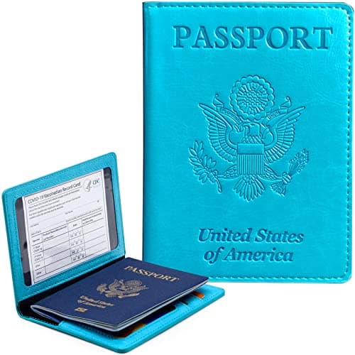 Passport Holder Cover Wallet Case RFID Blocking Leather Card Slot Travel Accessories Documents Organizer Protector for Women Men, Sky Blue