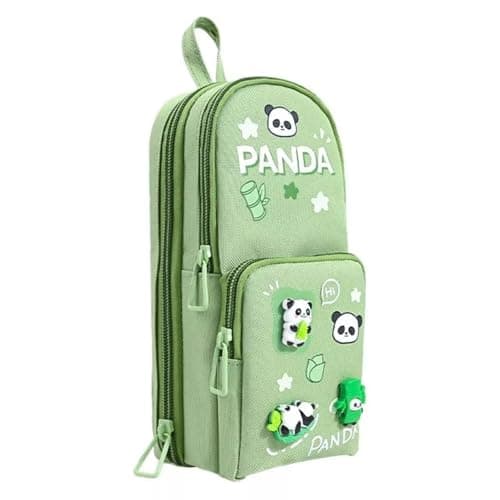 Onpalm Enterprise Canvas Kawaii Pencil Case 3 Compartment Cute Pencil Case for Girls Large Capacity Pen Pencil Pouch Smooth Zipper Multi Stationery Organizer for School Office (HT Green Panda)
