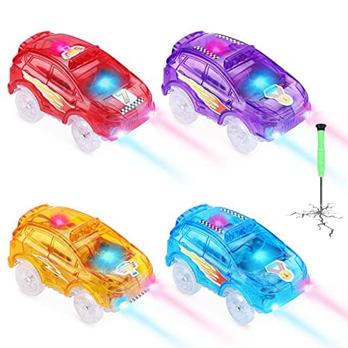 Save Unicorn Tracks Cars Replacement only Toy Cars for Tracks Glow in The Dark Magic Car Accessories with 5 Flashing LED Lights Compatible with Most Tracks for Boys Girls and Kids4pack