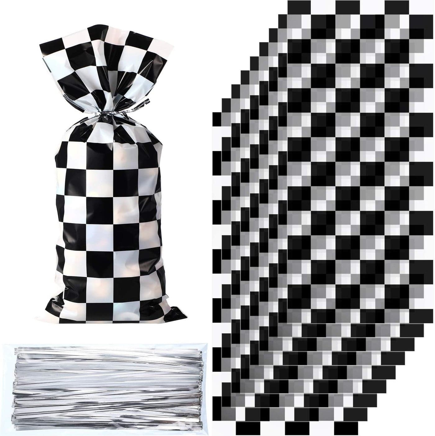 Blulu 100 Pieces Cellophane Car Candy Bags Black White Checkered Racing Treat Bags Plastic Race Gift Goodie Sack Food Storage for with 100 Pieces Silver Twist Ties for Cars Birthday Party Decorations