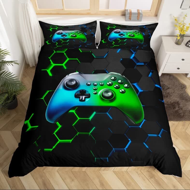 Boys Gamepad Bedding Set King SizeGamer Duvet Cover Modern Honeycomb Geometry Bed Comforter Cover Set for KidsReversible Gaming Video Games Bedding Quilt Cover Set Decorative 3 PcsNo Comforter