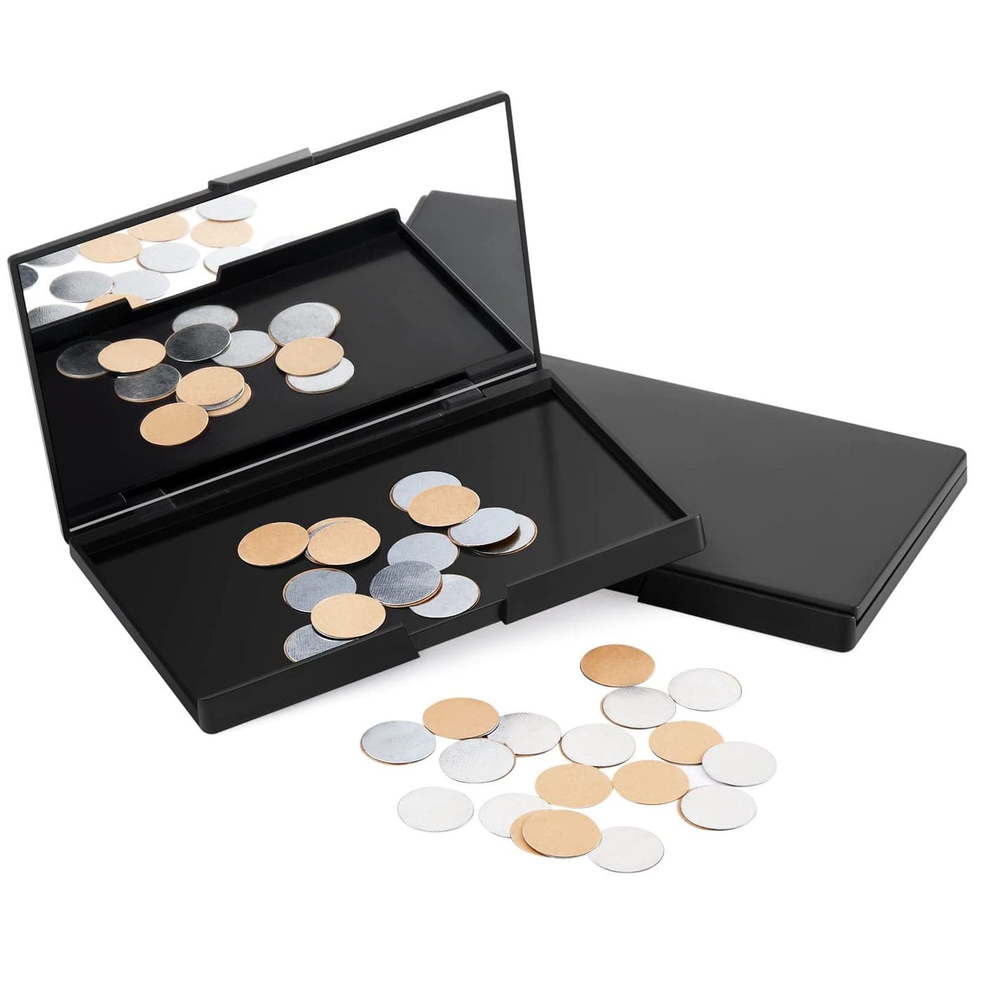 2 Pcs Makeup Plastic Magnetic Palette Magnetic Eyeshadow Empty Cream Blush Palette with Mirror and 30 Round Adhesive Metal Stickers for Eyeshadow Lipstick Blush Powder Foundation Black