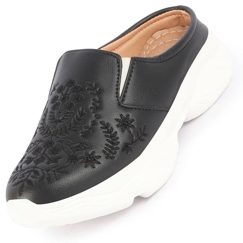 FAUSTO FST 1342 BLACK-38 Women's Black Floral Print Embroidery Design Back Open Slip On Mules Shoes (5 UK)
