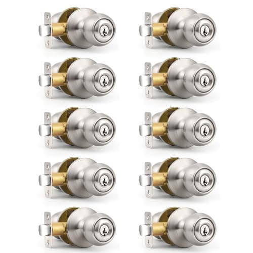 Probrico Keyed Alike Entry Knobs with Locks and Same Keys 10 Pack, Exterior Interior Door Locks, Brushed Nickel Finish, Standard Ball Entrance Door Locksets with Single Cylinder Knob