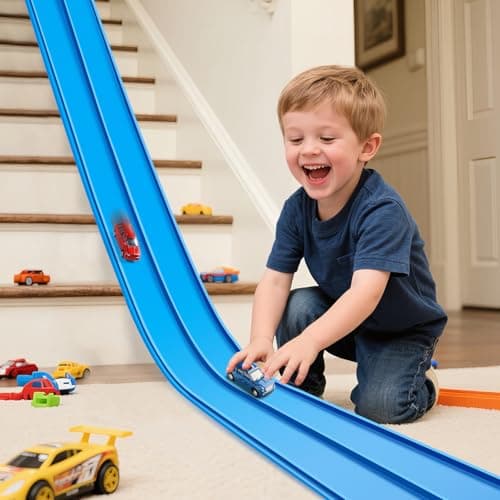 INKZOO Flex Tracks 15 Ft Starter Set Flexible Race Track for Kids 3 Flexible Car Track Race Car Ramp Track Compatible with Diecast 164th Cars Portable Rolls Up Race Tracks with Strong Suction Cups