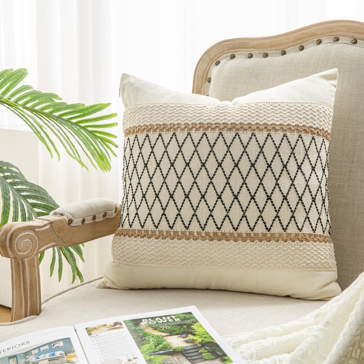 Mayler Yee Throw Pillow Covers 18 x 18 Inch 1PC for Farmhouse Living Room Cotton Burlap Textured Striped Woven Boho Pillow Covers Beige Black Grid