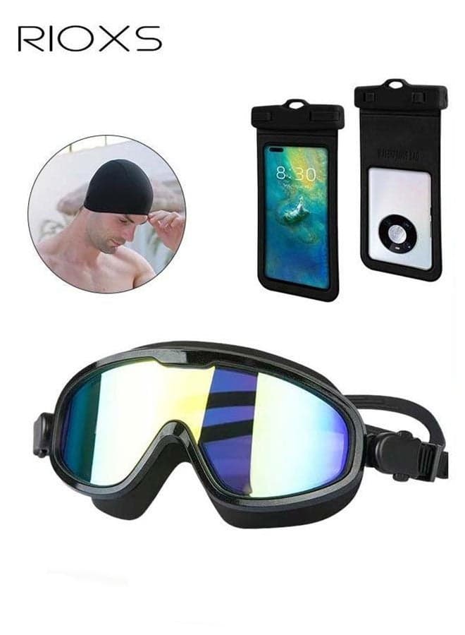 Adult Swimming Goggles with Ear Plugs Swim Cap and Nose Clips Polarized Open Water Goggles Swimming Anti Fog UV Protection No Leakage Clear Vision Easy to Adjust for Men Women Teenagers
