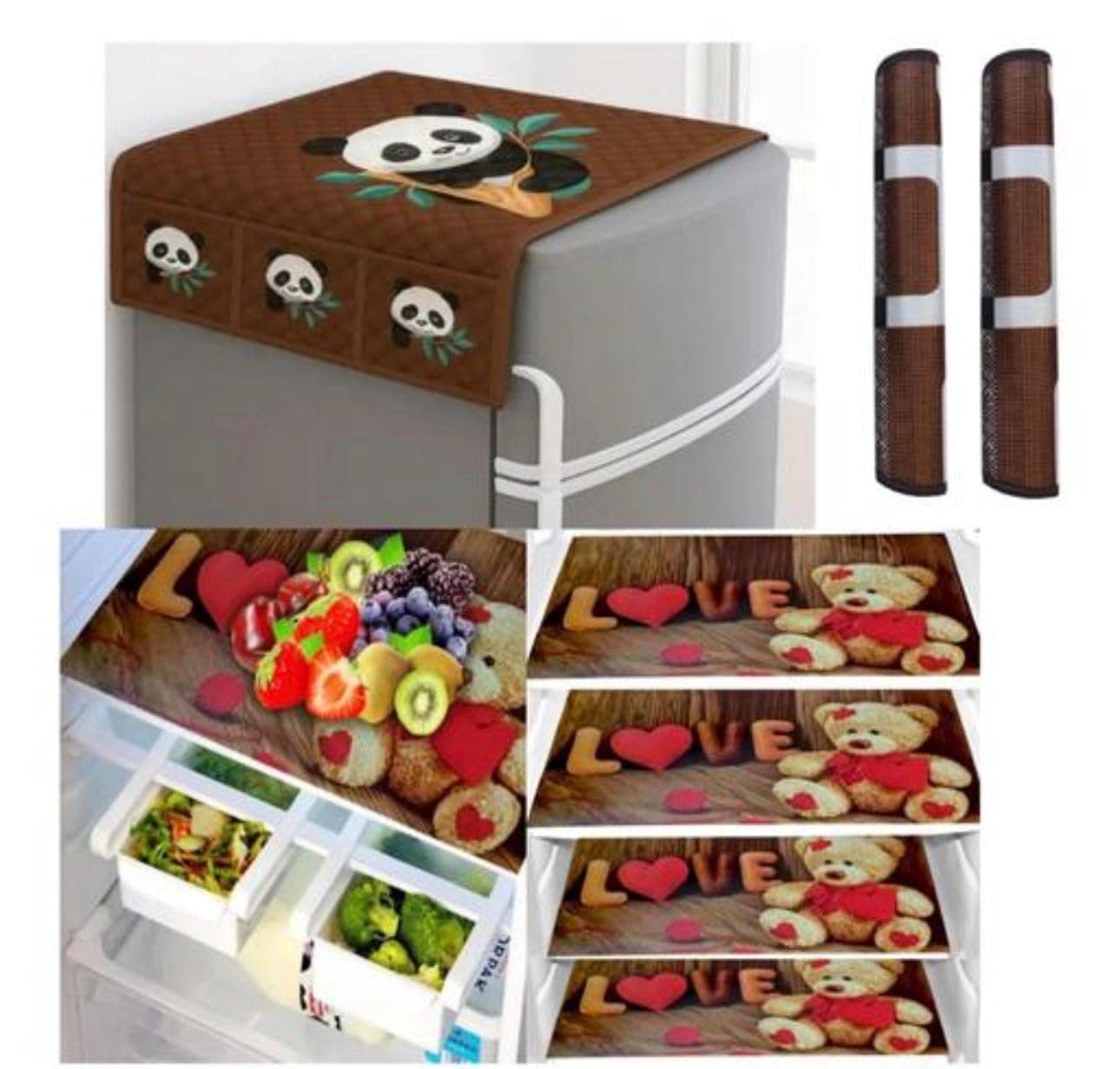 FRC DECOR STOREUP Double Door Or Single Door Fridge Cover | Fridge Combo Set Of 1 Fridge Top Cover, 2 Handle Covers And 4 Fridge Mats | Refrigerator Cover | Multi Colour (Brown)