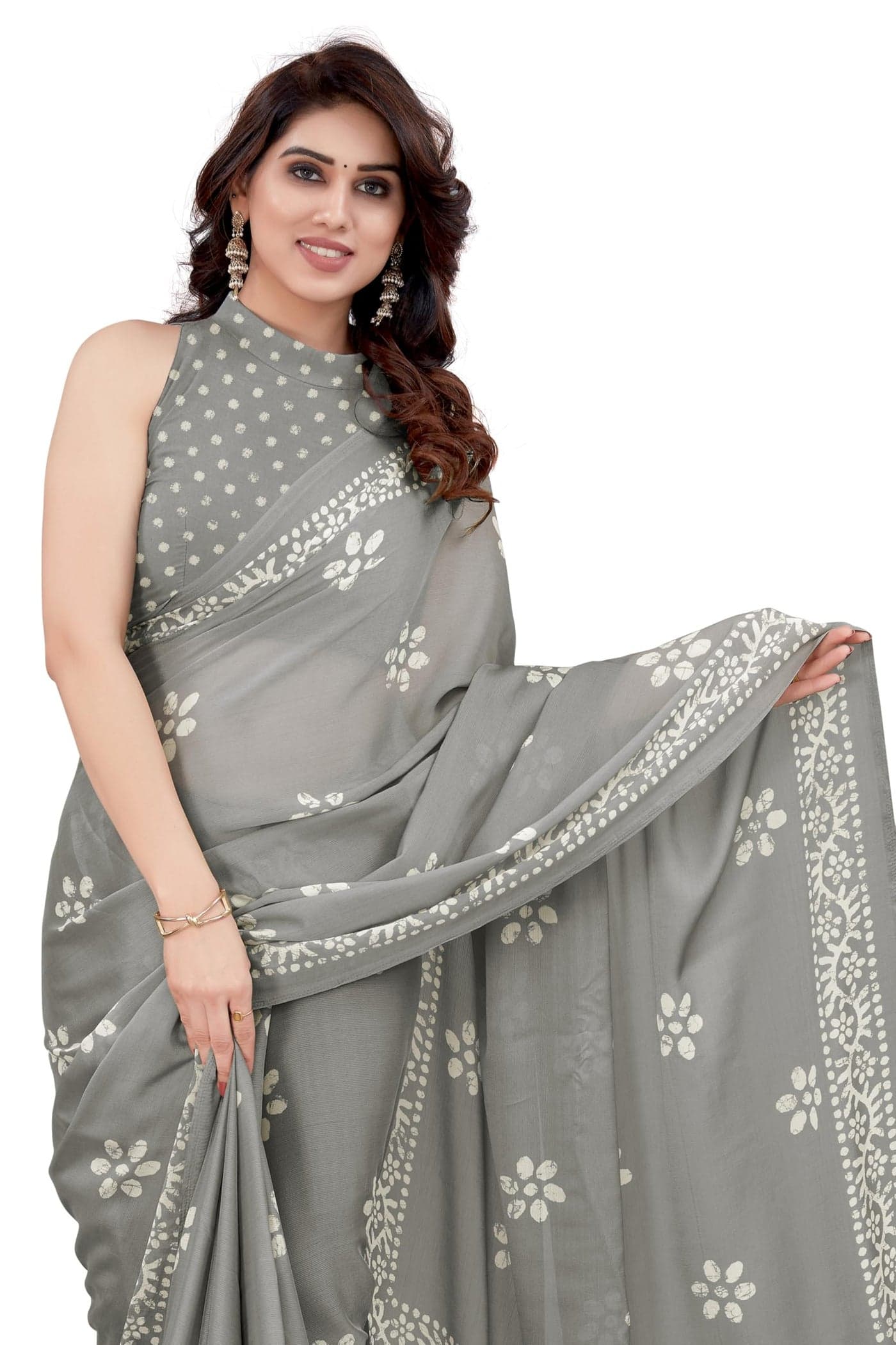 MIRCHI FASHION Chiffon Georgette Batik Printed Sarees for Women with Blouse Piece (38965-Dark Grey, Off White)